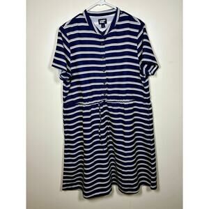 Lands End Dress Womens L Navy Blue Striped Midi Cinch Waist Nautical Coastal